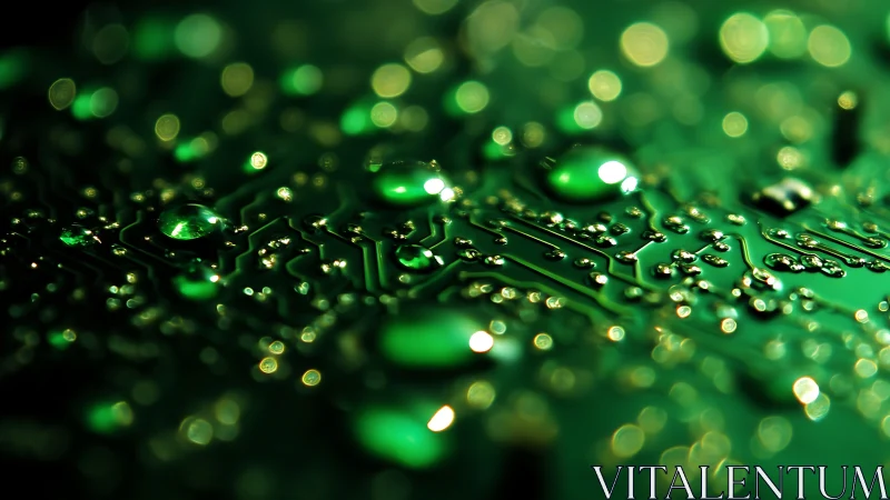 Macro circuitry with liquid droplets and luminous bokeh glow.