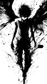 Ink-splattered dark angel figure in high-contrast silhouette.