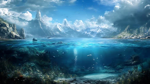 Epic seascape shows split ocean view with mountains and reef