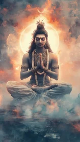 Serene divine yogi levitates in luminous cosmic stillness