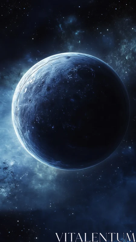 Frozen midnight planet drifting through sapphire nebulae.