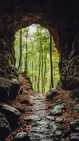 Cave Passage Frames Verdant Forest View Beyond.