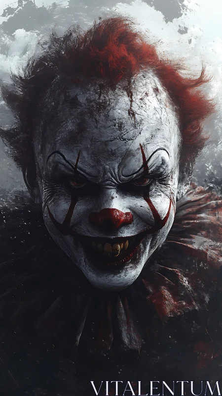 Sinister horror clown portrait under harsh dramatic light.