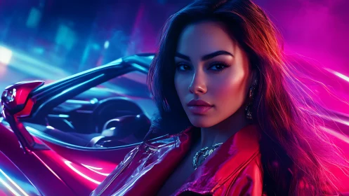 Neon-lit woman beside sleek sports car at night street.