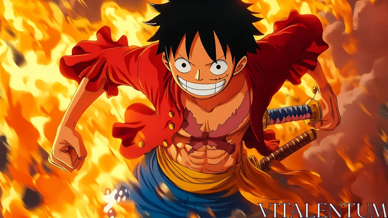 Fiery anime hero charging forward through blazing flames.