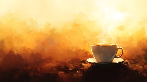 Steam-rising coffee cup on abstract warm background.