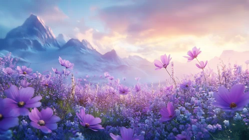 Lavender alpine meadow under luminous pastel sunrise sky.