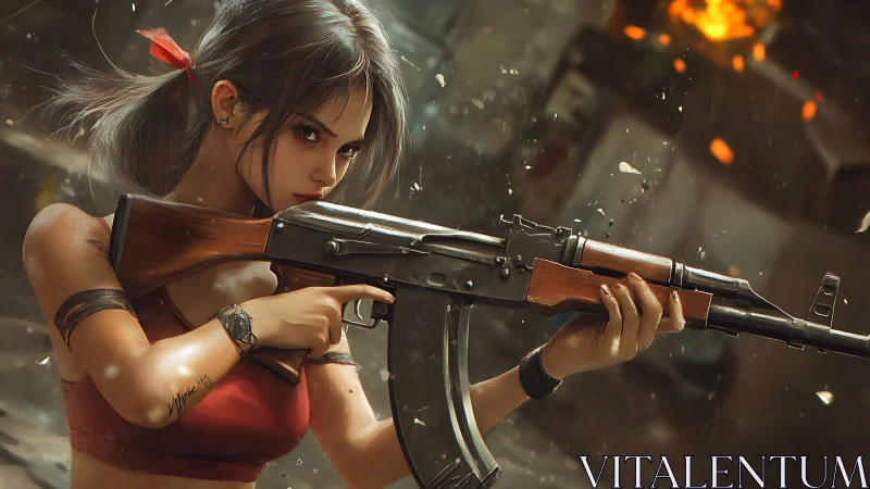 Digital warrior woman aiming rifle in explosive battle scene.