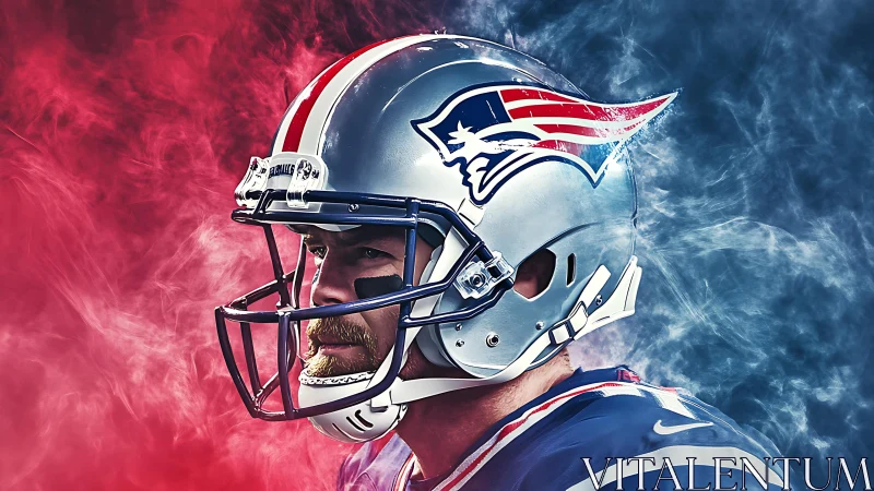 American football player profile amid split red blue smoke