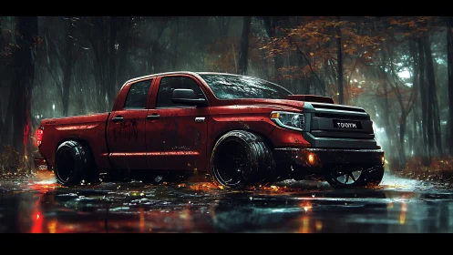 Lowered red pickup truck dominates a rain-soaked forest road