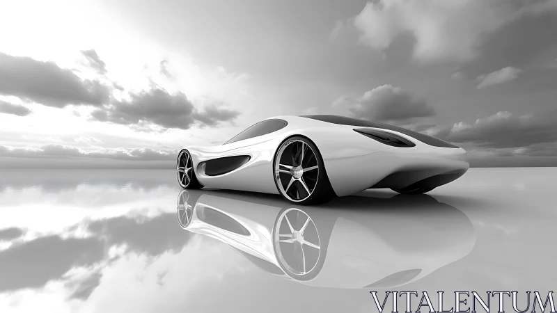 Futuristic white concept car glides across a mirrored horizon