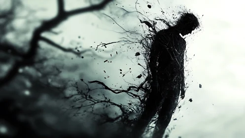 Shadow silhouette dissolving into abstract black splinters.