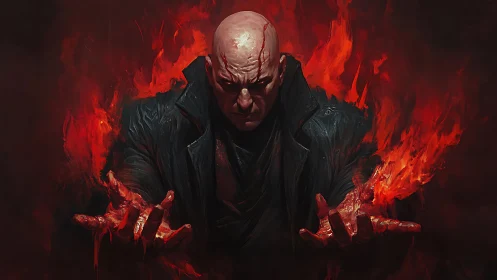 Brooding fire mage gathering power in a sea of flame.