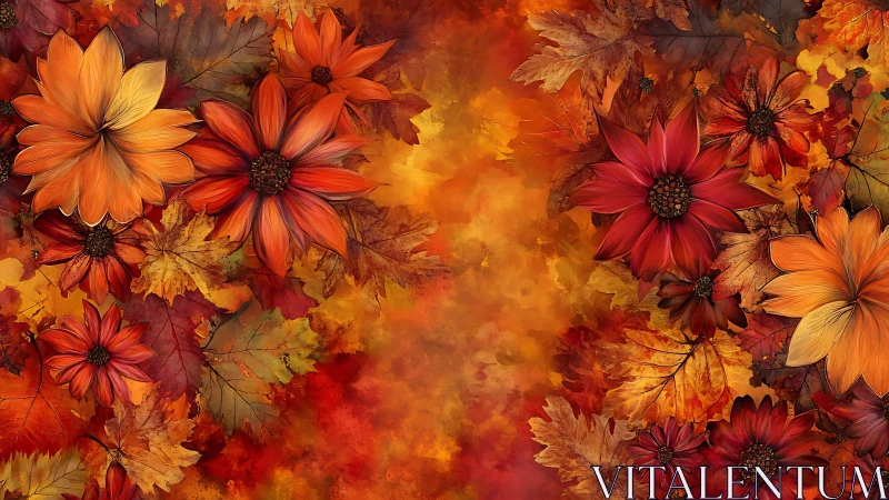 Autumn flowers frame glowing leaves in rich warm palette