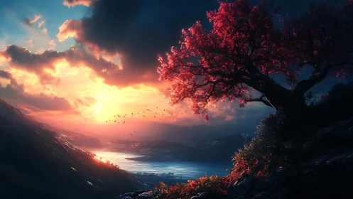 Sunset over lake with red tree on rocky hillside landscape.