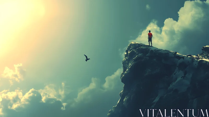 Solitary hiker contemplates sky from a sunlit cliff edge.