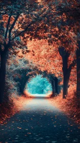Autumn Tunnel. Radiant Trees Frame Turquoise Sky.