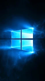 Glowing blue window emblem emits volumetric light in darkness