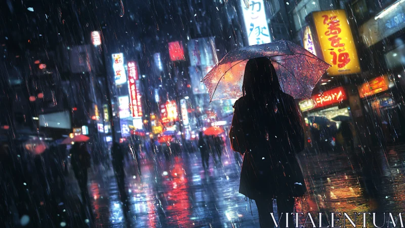 Silhouetted figure walks rainy neon city street at night