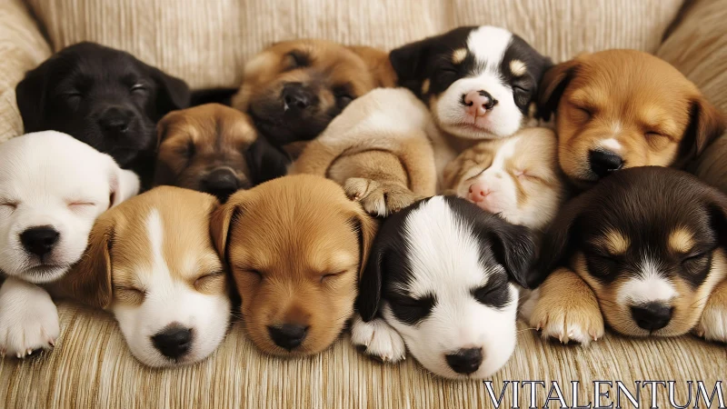 Symmetrical row of sleeping puppies with soft frontal lighting