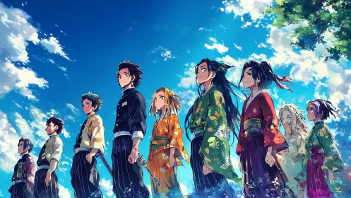 Group of kimono-clad figures under expansive sky panorama.