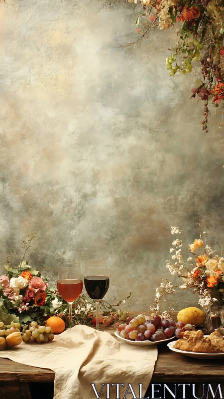 Vertical still life tableau uniting fruit, wine glasses and florals