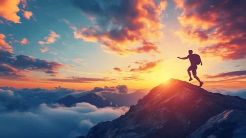 Sunrise runner leaping along glowing mountain ridgeline.