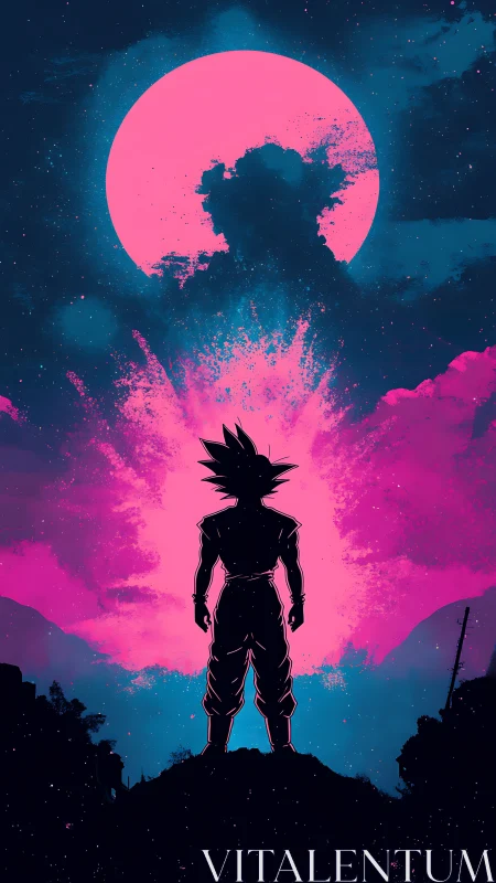 Warrior silhouette stands before glowing cosmic pink moon