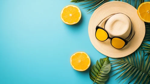 Straw hat with sunglasses, citrus halves and palm leaves on blue.