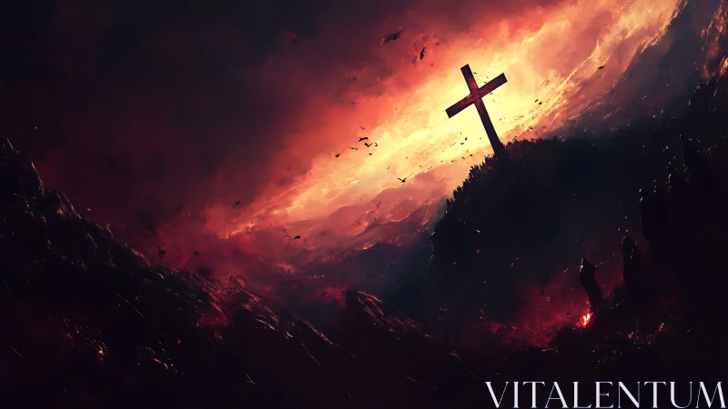 Cross on burning horizon dominates storm-lit infernal valley.