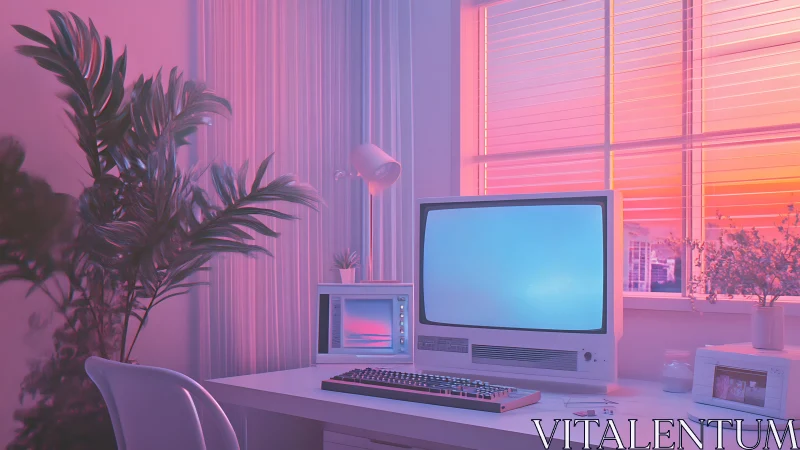 Neon sunset drapes retro workstation in cotton-candy glow