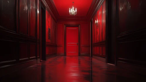 Monochromatic red corridor with glossy wood panels and central vanishing door