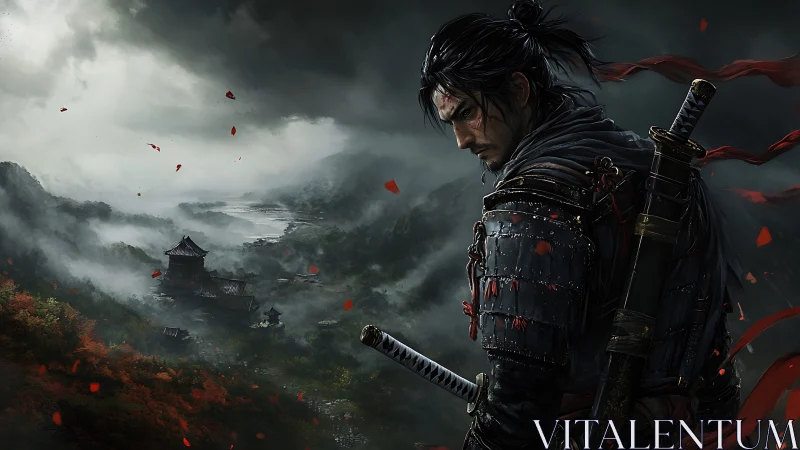 Samurai warrior overlooks mist-laden valley in stormlight.