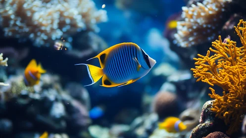 Striped butterflyfish glides through vivid coral reef seascape.