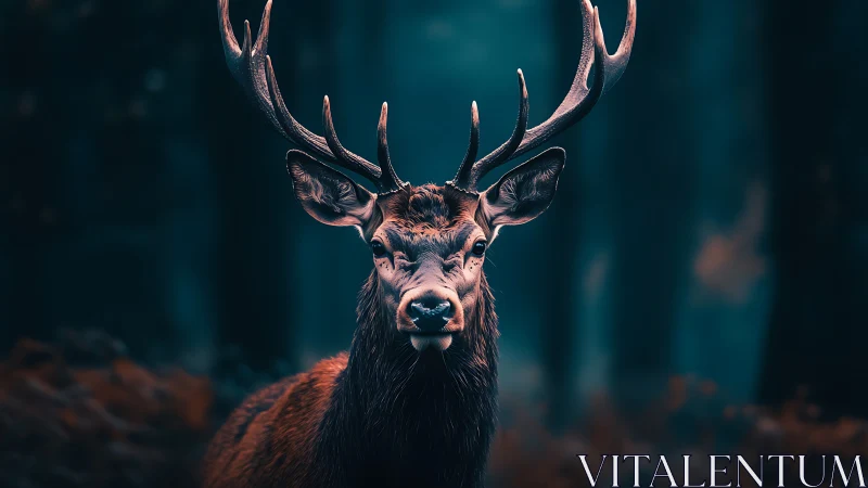 Stag stands alert under teal forest glow at dusk.