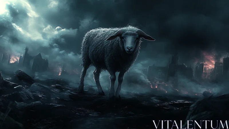 Solitary sheep standing in dark ruined cityscape at night.