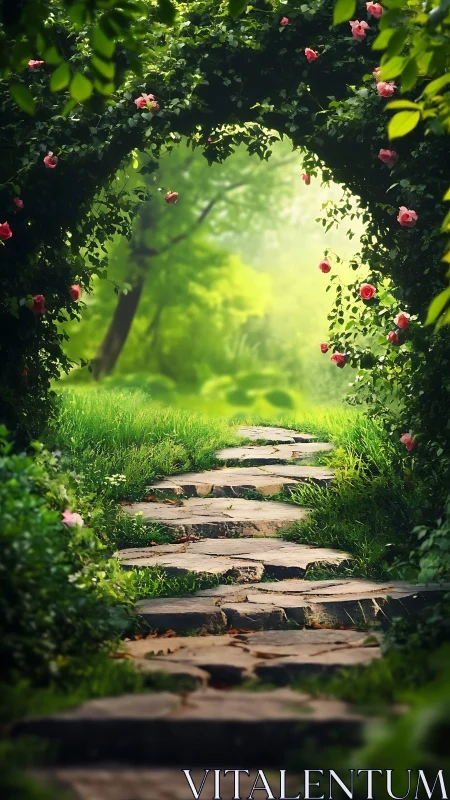 Stone path leads through rose-covered arch into garden