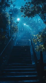 Moonlit rain stairway under misty blue foliage glow.