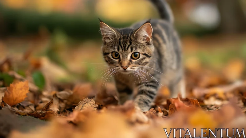 Tabby kitten prowling through autumn leaves with focused gaze.