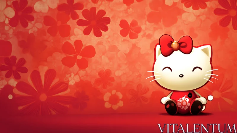 Hello Kitty Character Portrait Against Floral Red Backdrop.