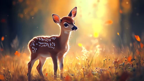 Digital painting of fawn in luminous autumn forest glade.