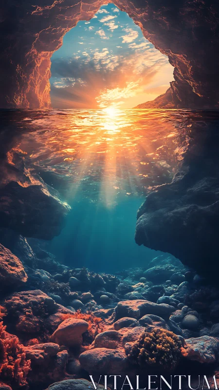 Sunlit sea cave cross-section with volumetric rays and coral floor