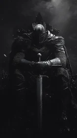 Armored monarch seated with sword in low-key lighting.