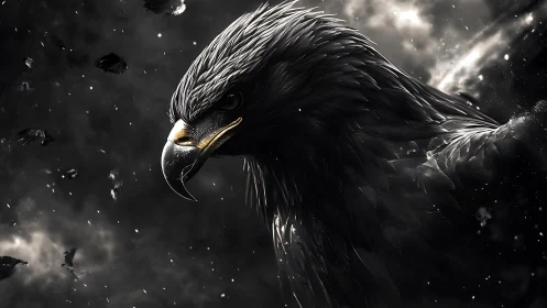 Predatory eagle portrait amid stormy monochrome clouds.