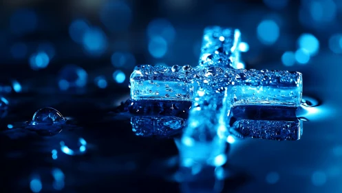 Glass cross in blue water with reflective droplets detail.