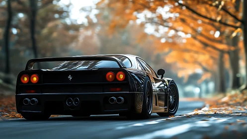 Sleek black supercar glides through a quiet autumn forest road