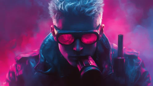 Cyberpunk soldier with neon goggles in pink smoke.