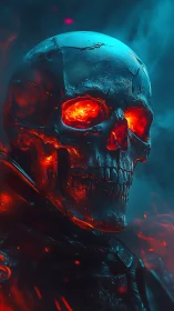 Flaming cybernetic skull burns through neon mist and shadow
