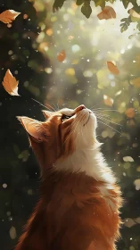 Cat Chasing Autumn Leaves in Golden Sunlight.