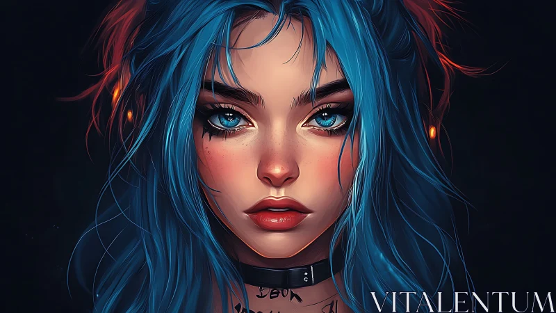 Digital portrait of blue haired woman with glowing accents.